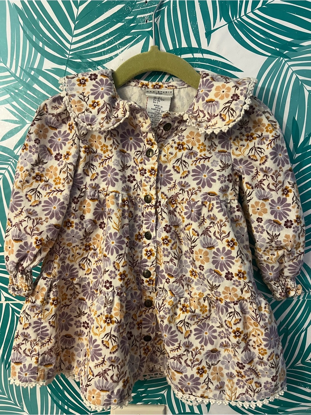 Max Studio Cream Floral Button-Up Dress with Purple & Yellow Blooms Sz 12 M